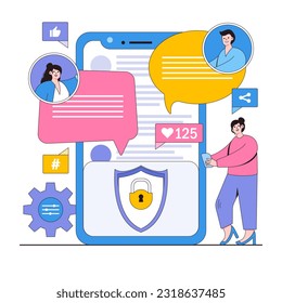 Safe social media usage vector illustration concept with characters. Privacy settings, secure sharing, social media safety. Modern flat style for landing page, web banner, infographics, hero images.