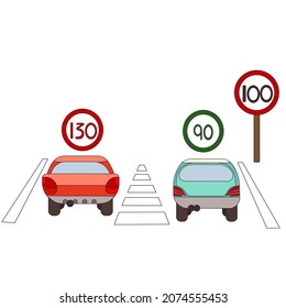 Sichere Geschwindigkeitsbegrenzung auf der Autobahn im Cartoon-Design-Stil, Vektorüberhöhung von Autos auf weißem, isoliertem Hintergrund für Drucke, Postkarten, Broschüren, Symbole für soziale Medien, Apps und Websites.