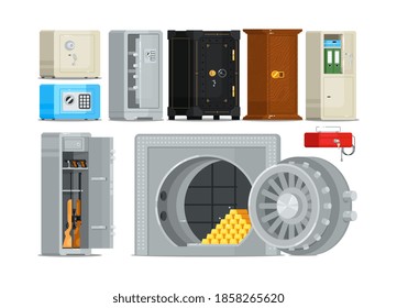 Safe Steel Box For Money, Weapon And Gold Ingot Storage Set. Metal Strongbox With Open Close Door For Reliable Data, Gun, Currency, Jewelry Protection Vector Illustration Isolated On White Background