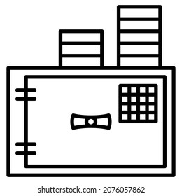 Safe storage of money and valuables. Stacks of coins on the safe for reliable protection. Money storage, protection with a code. Vector icon, outline, isolated.  Editable stroke.
