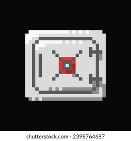 Safe for storing money pixel art icon, 8-bit sprite, safe with coins. Isolated vector illustration for pixel art games.
