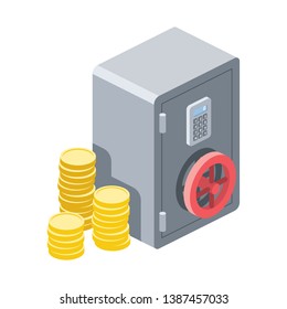 Safe strongbox coins money. Vector 3d isometric color icon new flat style. Creative illustration, idea for infographics.