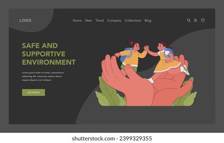 Safe and supportive environment concept. Joyful schoolchildren playfully interact, shielded by nurturing hands emphasizing trust, care, and a protective atmosphere. Flat vector illustration