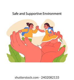 Safe and supportive environment concept. Joyful schoolchildren playfully interact, shielded by nurturing hands emphasizing trust, care, and a protective atmosphere. Flat vector illustration