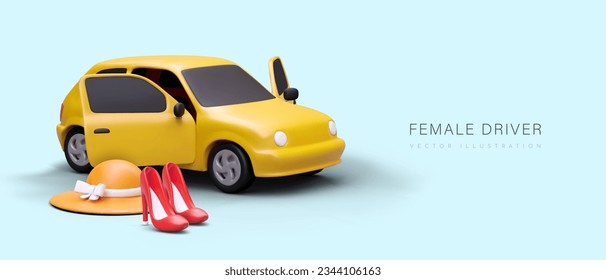 Taxis für Frauen. Weiblicher Fahrer. Moderner Personenverkehr. Konzept mit 3D-Illustration. Fahrschule mit weiblichem Lehrer. Vektorwerbung