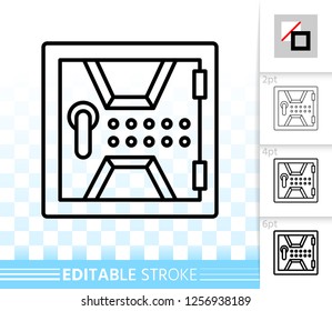 Safe thin line icon. Outline web sign of bank cell. Keep Money linear pictogram with different stroke width. Simple vector symbol, transparent background. Metal box editable stroke icon without fill