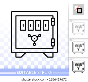 Safe thin line icon. Outline web sign of bank cell. Keep Money linear pictogram with different stroke width. Simple vector symbol, transparent background. Steel box editable stroke icon without fill