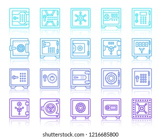 Safe thin line icon set. Outline vector sign kit of bank cell. Keep Money linear icons of armored, insurance finance, financial stability, code lock. Simple vault security symbol isolated on white