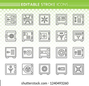 Safe thin line icon set. Outline web sign kit of bank cell. Keep Money linear icons of cash deposit, privacy protection, treasure. Editable stroke without fill. Metal box simple contour vector symbol