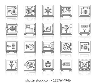 Safe Thin Line Icons Set. Outline Sign Kit Of Bank Cell. Keep Money Linear Icon Collection Includes Secure Password, Dial Button, Strongbox. Simple Code Lock Black Contour Symbol. Vector Illustration