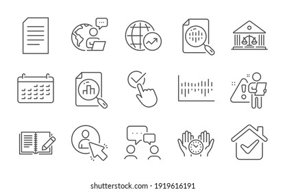 Safe time, Analytics chart and User line icons set. Court building, World statistics and Checkbox signs. Document, People chatting and Calendar symbols. Line icons set. Vector