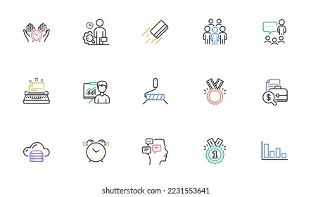 Safe time, Approved and Messages line icons for website, printing. Collection of Alarm clock, Cloud server, Presentation icons. Histogram, Paint roller, Honor web elements. Typewriter. Vector