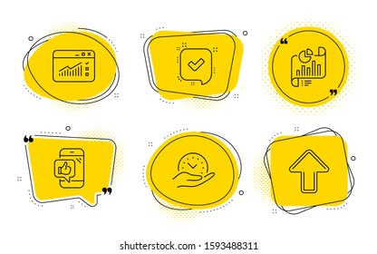 Safe time, Confirmed and Upload signs. Chat bubbles. Web traffic, Report document and Mobile like line icons set. Website window, Growth chart, Phone thumbs up. Management. Technology set. Vector