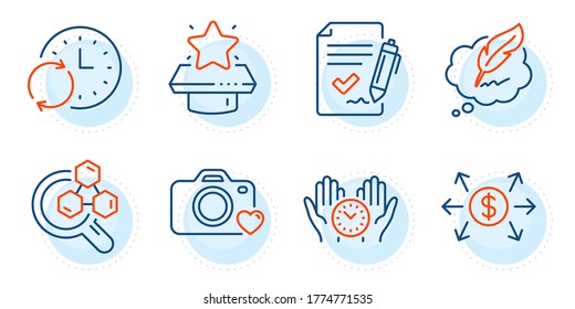 Safe time, Dollar exchange and Copyright chat signs. Chemistry lab, Approved agreement and Winner podium line icons set. Photo camera, Update time symbols. Lab research, Signature document. Vector