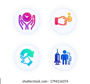 Safe time, Drag drop and Rotation gesture icons simple set. Button with halftone dots. Medical vaccination sign. Management, Move, Undo. Syringe vaccine. People set. Vector