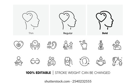 Iconos de línea de gestos de tiempo seguro, identificación facial y pantalla táctil. Paquete de resultados de negocios, reparador, icono de no apretón de manos. Amigo, Comunicación, Pictograma de App favorito. Gerente, Audición, Anteojos. Vector