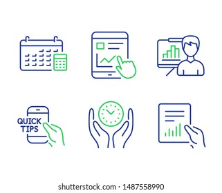 Safe time, Internet report and Education line icons set. Calendar, Presentation board and Document signs. Management, Web tutorial, Quick tips. Calculator device. Education set. Vector