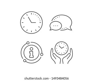 Safe time line icon. Chat bubble, info sign elements. Clock sign. Hold watch symbol. Linear safe time outline icon. Information bubble. Vector