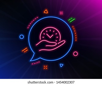 Safe time line icon. Neon laser lights. Clock sign. Office management symbol. Glow laser speech bubble. Neon lights chat bubble. Banner badge with safe time icon. Vector