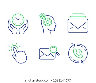 Safe time, Mail and Touchpoint line icons set. Thoughts, Search mail and Call center signs. Hold clock, New messages, Touch technology. Business work. Technology set. Vector