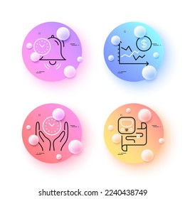 Safe time, Time management and Metro map minimal line icons. 3d spheres or balls buttons. Dollar rate icons. For web, application, printing. Management, Alarm clock, Transit station. Vector