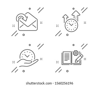 Safe time, Time management and Receive mail line icons set. Engineering documentation sign. Management, Office clock, Incoming message. Manual. Education set. Line safe time outline icon. Vector