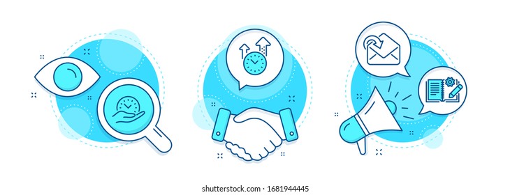 Safe time, Time management and Receive mail line icons set. Handshake deal, research and promotion complex icons. Engineering documentation sign. Management, Office clock, Incoming message. Vector