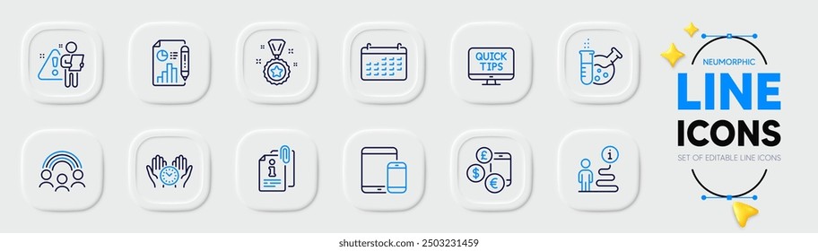 Safe time, Mobile devices and Support line icons for web app. Pack of Chemistry lab, Inclusion, Report document pictogram icons. Attached info, Winner reward, Search employee signs. Vector