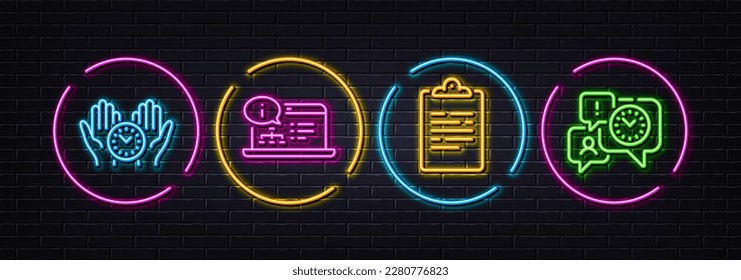 Tiempo seguro, documentación en línea e iconos mínimos de línea del Portapapeles. Luces 3d láser neón. Iconos de administración de tiempo. Para web, aplicación, impresión. Administración, ingeniería web, documento de encuesta. Vector