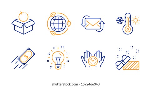 Safe time, Refresh mail and Fast payment line icons set. Return package, Idea and Eco energy signs. Thermometer, Present symbols. Management, New e-mail. Business set. Line safe time icon. Vector