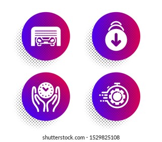 Safe time, Scroll down and Parking garage icons simple set. Halftone dots button. Seo timer sign. Management, Swipe screen, Automatic door. Cogwheel. Technology set. Vector