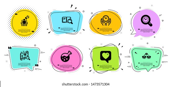 Safe time, Search map and Chemistry lab line icons set. Chat bubbles with quotes. Brand ambassador, Heart and Parcel shipping signs. Time management, Search book symbols. Vector