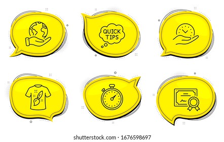 Safe time sign. Diploma certificate, save planet chat bubbles. Timer, Quick tips and T-shirt design line icons set. Stopwatch gadget, Helpful tricks, Painting. Management. Business set. Vector