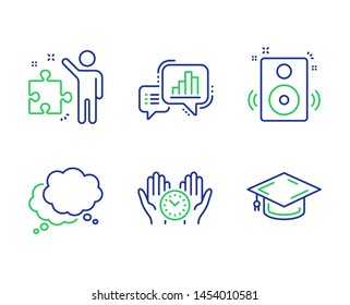 Safe time, Strategy and Speakers line icons set. Graph chart, Speech bubble and Graduation cap signs. Management, Business plan, Sound. Growth report. Education set. Vector