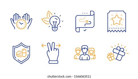 Safe time, Touchscreen gesture and Target path line icons set. Eco energy, Medical tablet and Loyalty ticket signs. Teamwork, Gift symbols. Hold clock, Swipe. Business set. Line safe time icon. Vector
