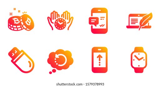 Safe time, Usb stick and Recovery data line icons set. Bitcoin, Copyright laptop and Swipe up signs. Smartphone notification, Smartwatch symbols. Hold clock, Memory flash. Technology set. Vector