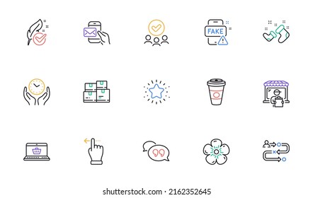 Tiempo seguro, inventario al por mayor e iconos de línea de burbuja de cotizaciones para sitio web, impresión. Colección de correo de Messenger, lino natural, iconos de ruta de viaje. Mercado de entrega, compras en línea. Vector
