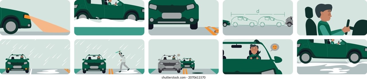Safe tips for man driving during rain, flood and dangerous scenarios, flat cartoonist illustration style, car low beam, traffic lines, keep distance, be aware of pedestrians and aquaplaning