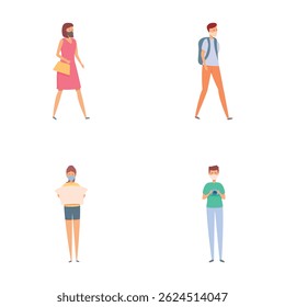 Safe tourism icons set cartoon vector. Tourist in protective medical face mask. Coronavirus prevention
