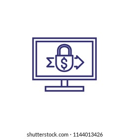 Safe transfer line icon. Lock with dollar sign and arrow on monitor. Finance concept. Can be used for topics like business, payment, banking