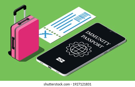 Safe travel by plane in a pandemic vector isometric concept. Vaccination certificate illustration.