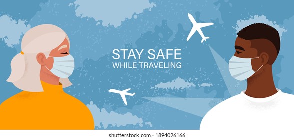 Safe travel concept. Tourists traveling during a pandemic. Man and woman wearing medical masks on the sky background with a plane. Passengers staying safe from coronavirus. Vector illustration