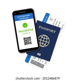 Safe travel concept with vaccination digital certificate in phone screen, international passport and airline ticket on white background. Vector of covid-19 and tourism, vacation or business.