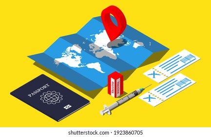 Safe travel in a pandemic vector isometric concept. Vaccination certificate illustration.