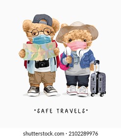 safe travel slogan with bear doll tourist couple vector illustration