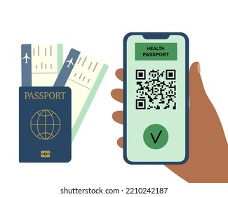 Safe travel with a vaccine. Healthy passport with QR code.  Pass and tickets. Vector illustration 