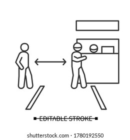 Safe travelling icon. Social distance at passport or ticket control line pictogram. Worldwide covid prevention regulations and international travel concept. Editable stroke vector illustration