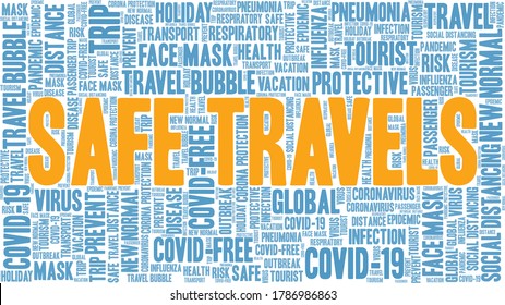 Safe travels during Covid-19 pandemic word cloud isolated on a white background.