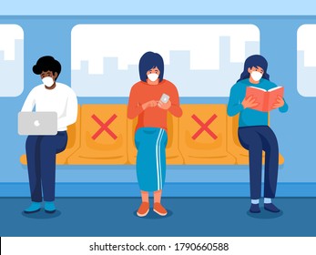 Safe travels under Covid-19, one men working on notebook, two women holding phone and reading book wearing medical mask sitting on subway, use public transport, keep distance for 2 centimeters, vector