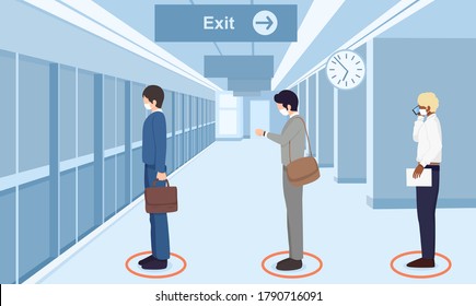 Safe travels under Covid-19,People wearing medical mask wait in line for subway  train, keep distance for 2 meters, social distancing concept health protection, new normal,vector illustration